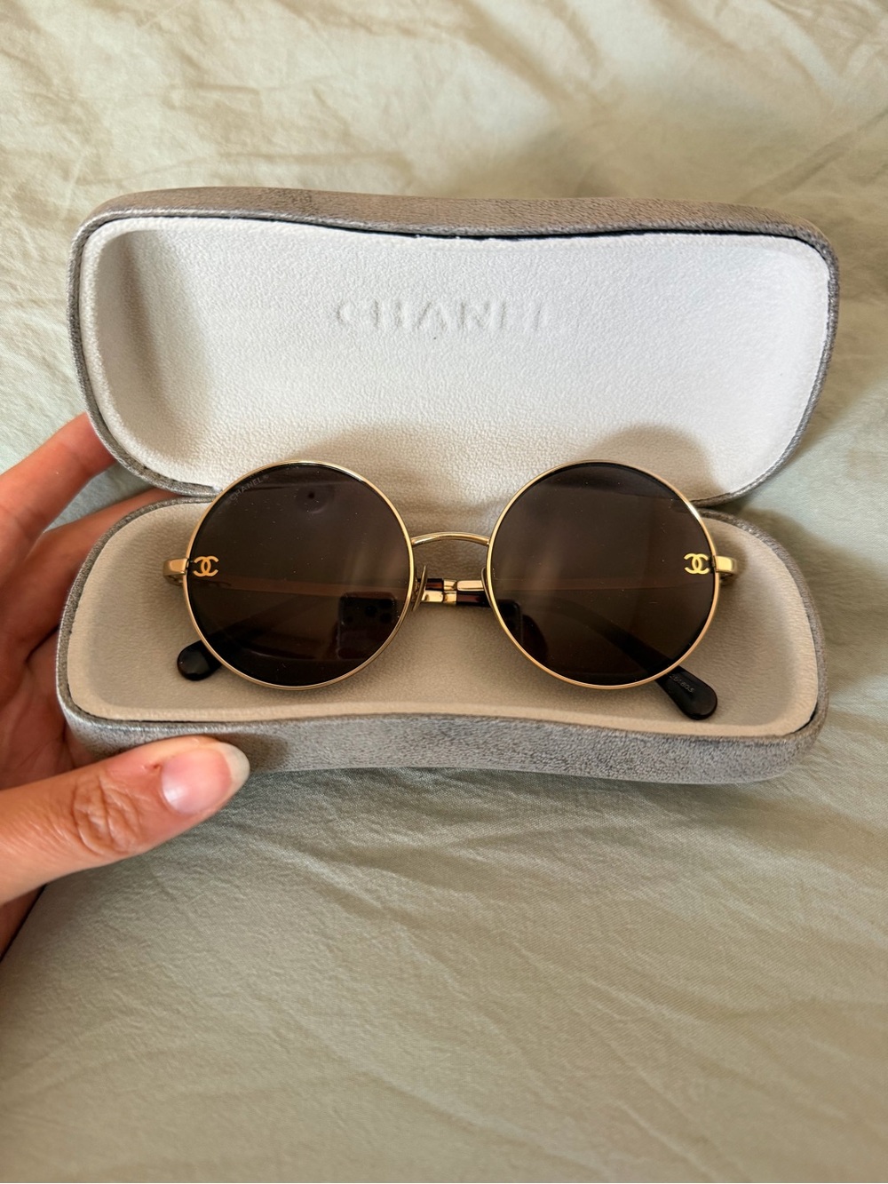 CHANEL Gold Frame Round Sunglasses with Brown Lenses